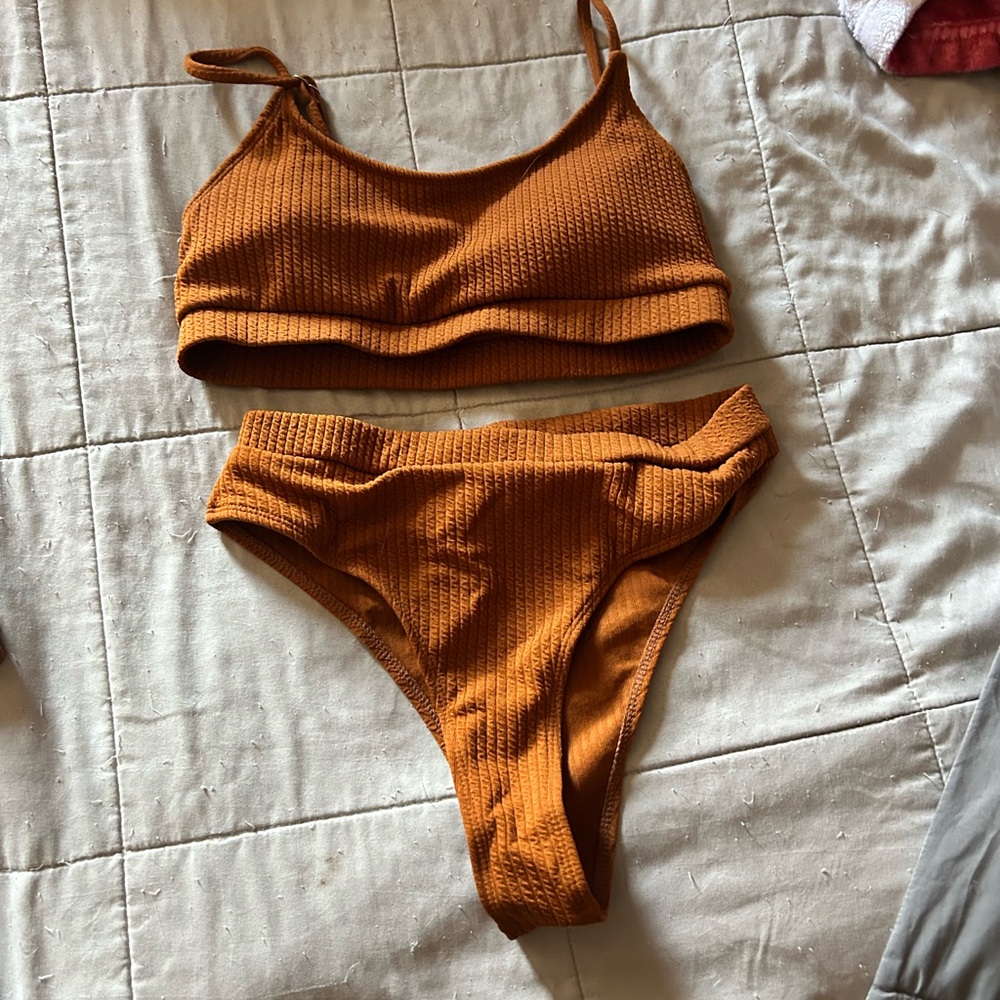 Rust Orange Ribbed Bikini Set - High Waist Cheeky bottoms - S and M available